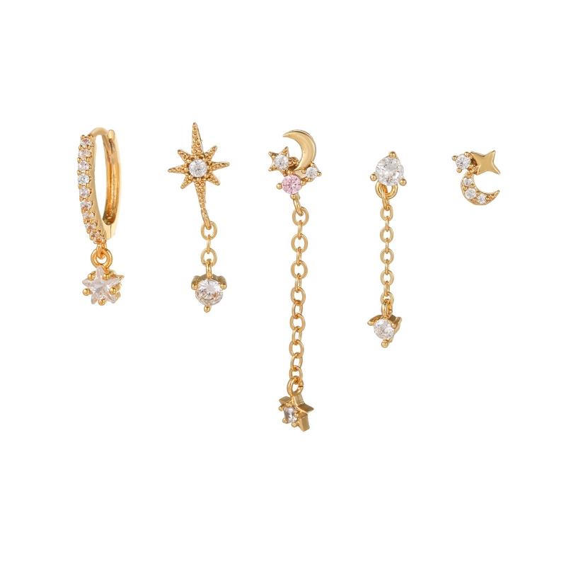 Design Stainless Steel Cubic Zirconia Chain Hoop Earring For Women Star Moon Pendant Punk Cartilage Piercing Jewelry