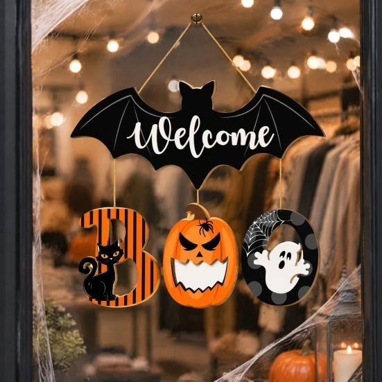 Rustic Wooden Welcome Board Halloween BOO Door Sign, Spooky Bat Hanging Ghost Pumpkin Holiday Party Wall Decoration Black Cat Hanger Ornaments