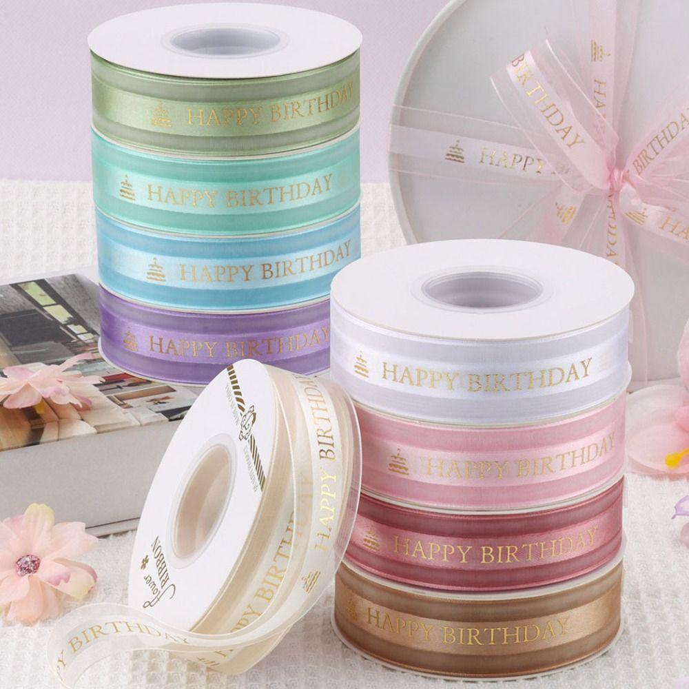 Happy birthday Gold Edged Ribbon 25 Yards Length Lurex Ribbon Bow Making Satin Ribbon  Gift Packing