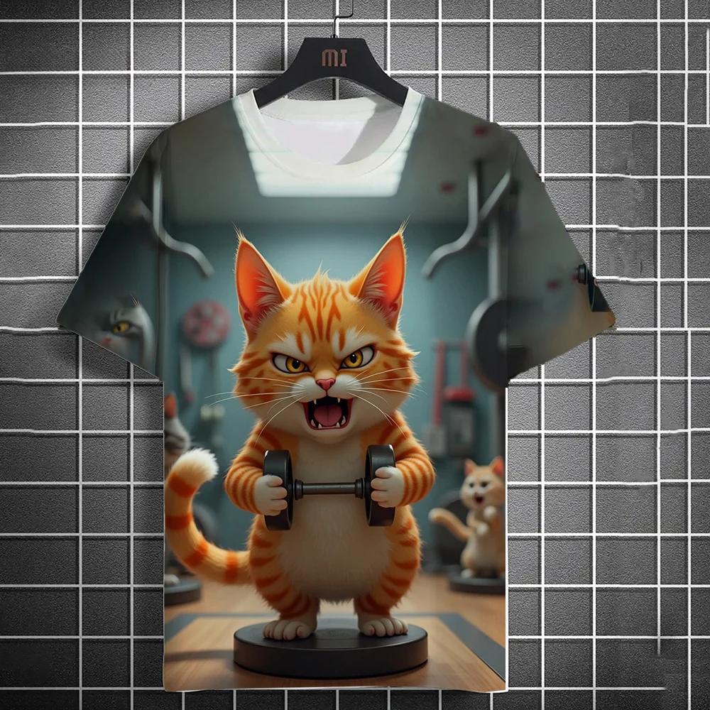 3D Fitness Cat Print Short Sleeve T-Shirts Oversized Clothing Summer Street Casual Top Fun Animal Men's T-shirts