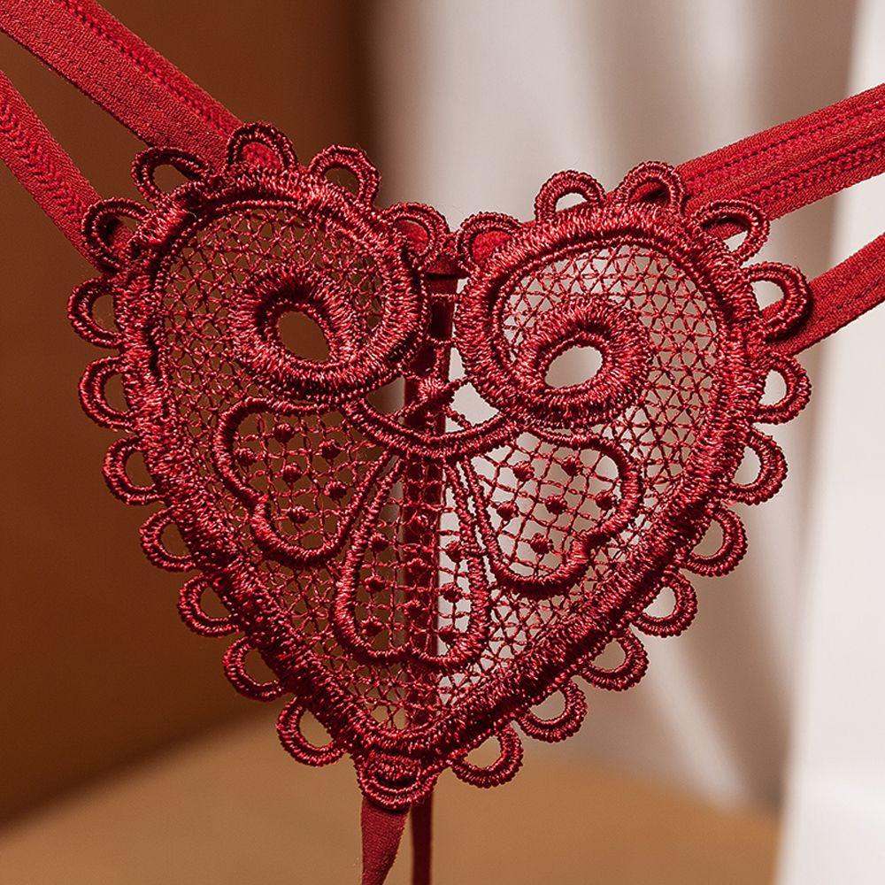 Sexy Transparent Embroidery Love Heart Low-Rise Underwear Lingerie Thongs Pearl Massage Panties