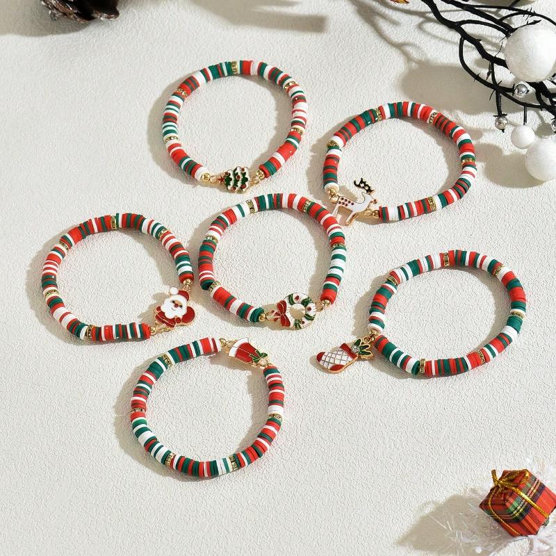 6pcs/Set Reindeer, Santa Claus, Christmas Tree Soft Ceramic Decorative Bracelet, Christmas Gift