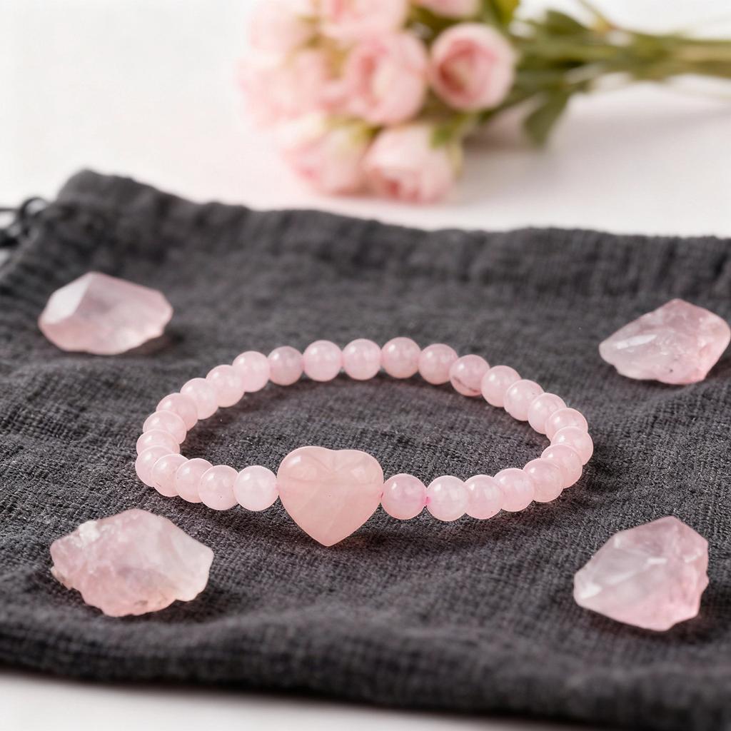 Festive Gifts Rose Quartz Beaded Bracelet With Heart Charm Sweet Fashion Jewelry For Women Daily Wear Simple Versatile Accessory