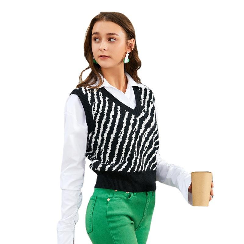 European and American Sleeveless Vest Vest Women's Striped V-neck Loose Sweater Zebra Pattern Animal Pattern Fashion Cross-border Knitted Sweater
