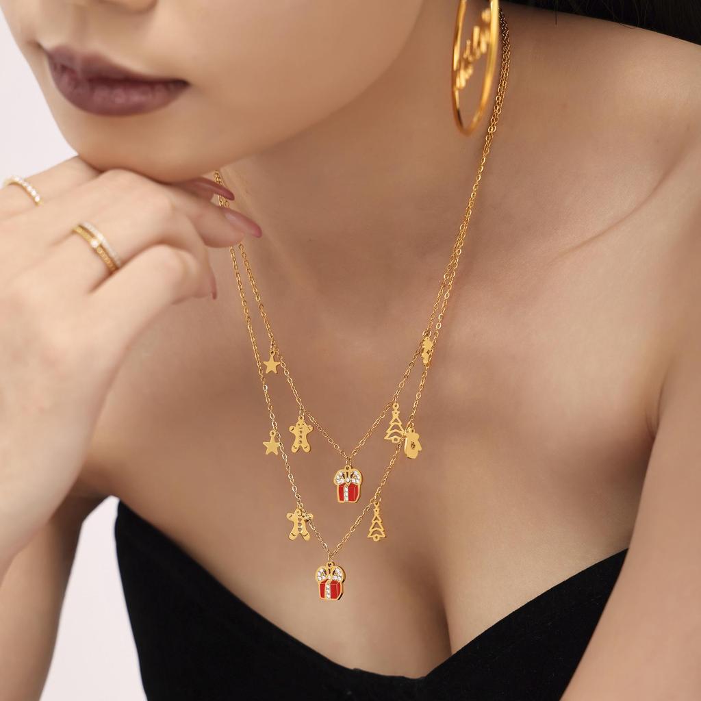 Mi Duo Duo European & American Geometric Christmas Pendant - Handmade 18K Gold-Plated Stainless Steel Chain