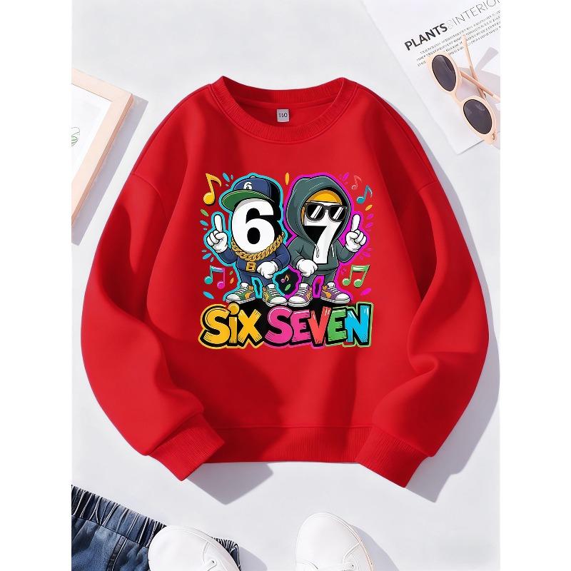 Kids Unisex Sweatshirt, Hip Hop Cartoon Number 6 7 Music Note Print Pullover, Boys Girls Long Sleeve Birthday Sweatshirt For Kids Over 4 Years Old