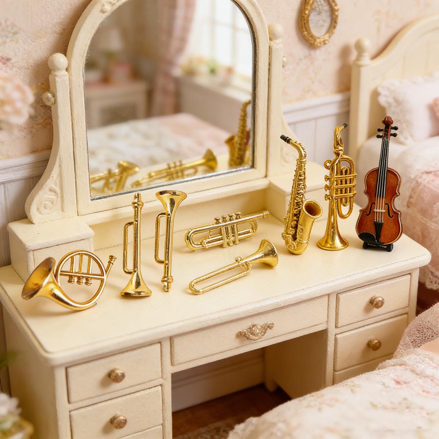 9/18pcs Mini Golden Musical Instrument Ornaments 2-7cm Miniature Guitar Violin Horn Saxophone Dollhouse Decor Desktop Display