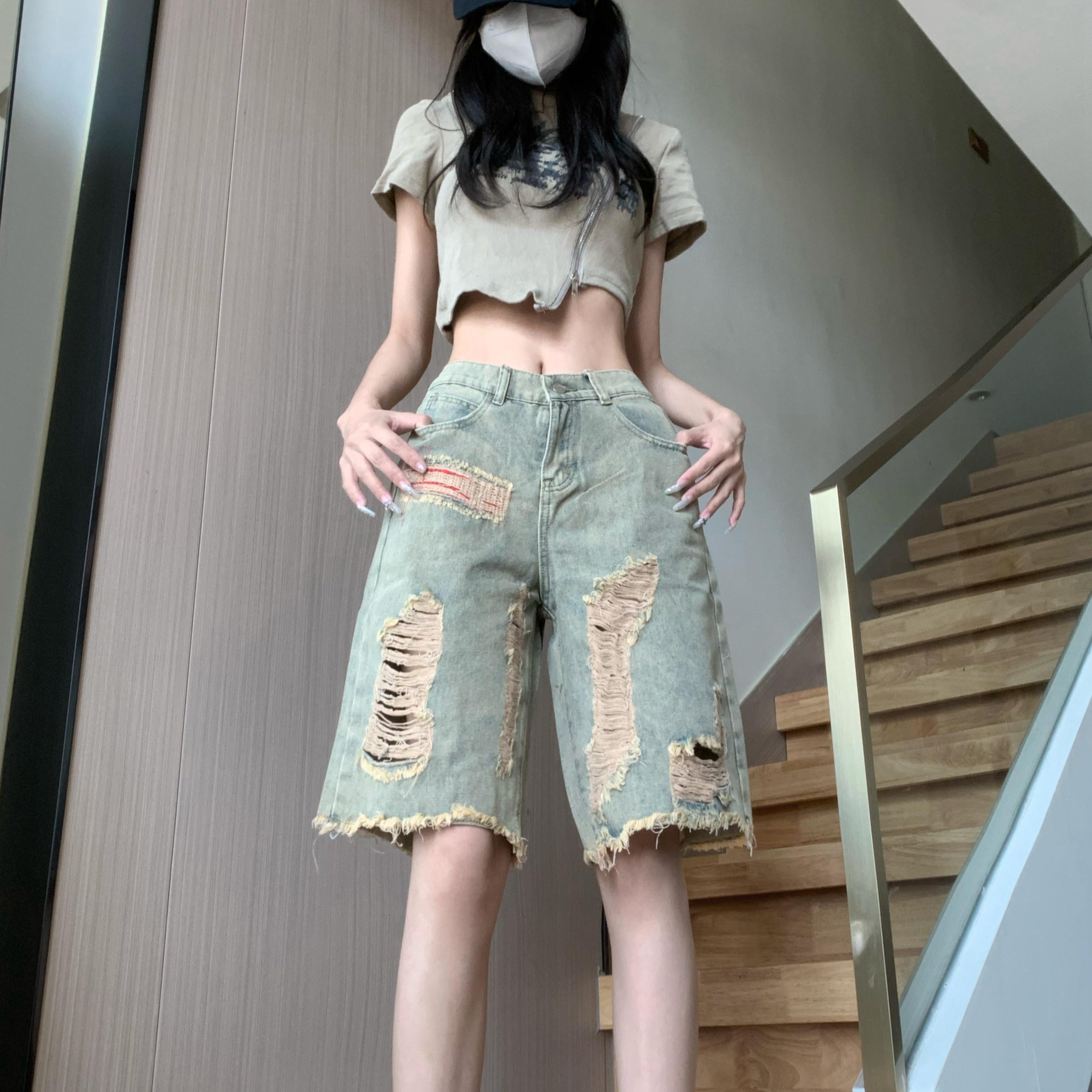 

Американские уличные потертые летние брюки с потертыми краями, потертые укороченные брюки, свободные рваные джинсы, шорты, мужские и женские брюки XL