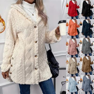 Women's Long Hooded Fleece Coat In Beige, Pink, and Gray, Soft Plush Outerwear with Front Pockets, Loose Fit Casual Winter Jacket