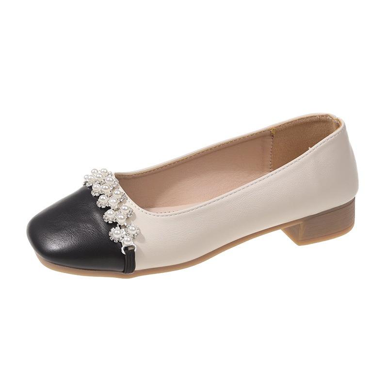 Color matching single shoes women's new fashionable and comfortable square head shoes light mouth pearl thick heel single shoes