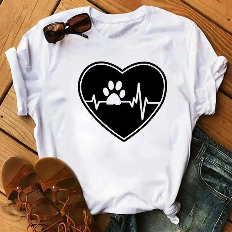 Cartoon Colorful Heart Dog Paw Graphic Print Unisex T Shirt 90s Fashion Casual Women Unisex Short Sleeve Plus Size Unisex T Shirt Unisex