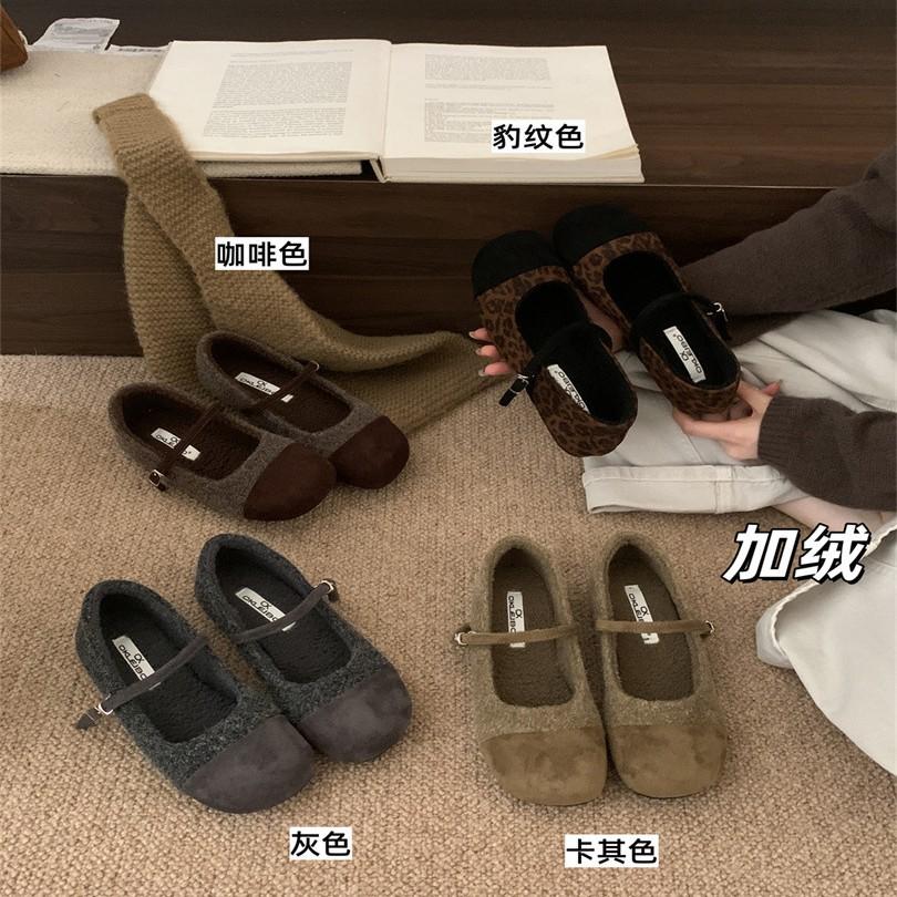 Classic single shoes light and comfortable low heel light mouth suede one-word buckle rubber round head small leather shoes women