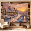 2D Flat - 2D Flat - 1pc 2D Flat Tapestry Cozy Snow-Covered Cottage Village at Winter Sunset, Warm Lights Glowing Through Windows, Serene Bridge Over I