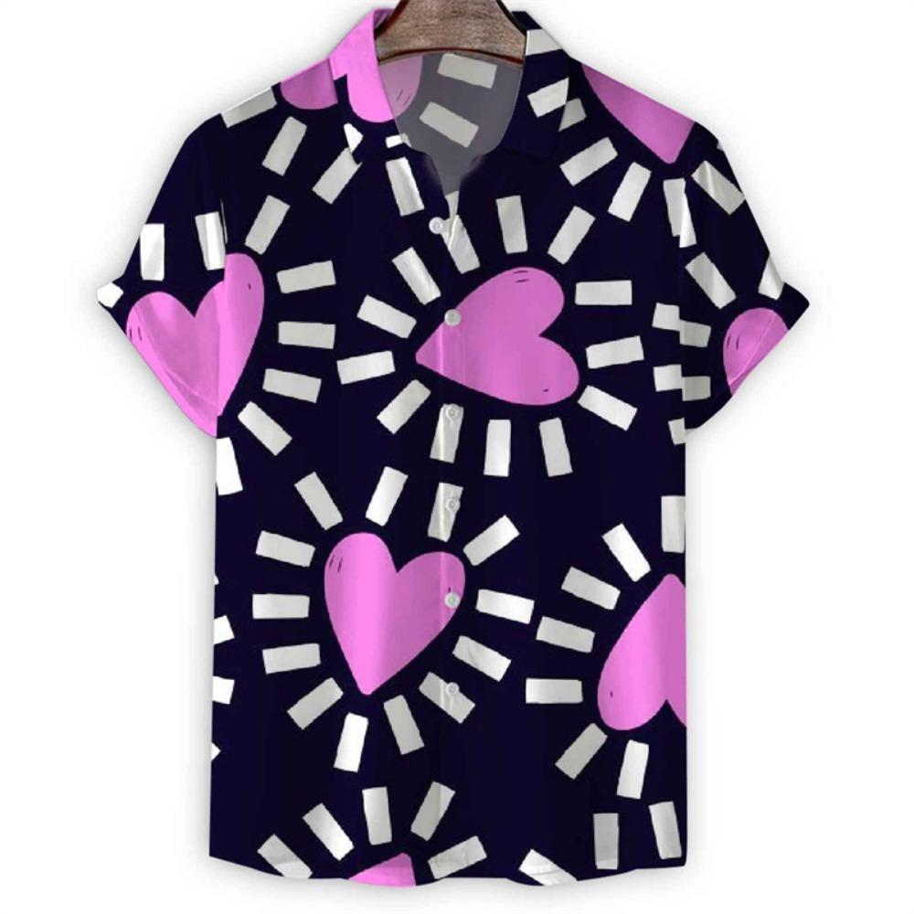 Cartoon 3d Print Love Heart Hawaiian Shirt Men Women Summer Short Sleeve Tees Lapel Button Shirts Tops Street Oversized Blouse