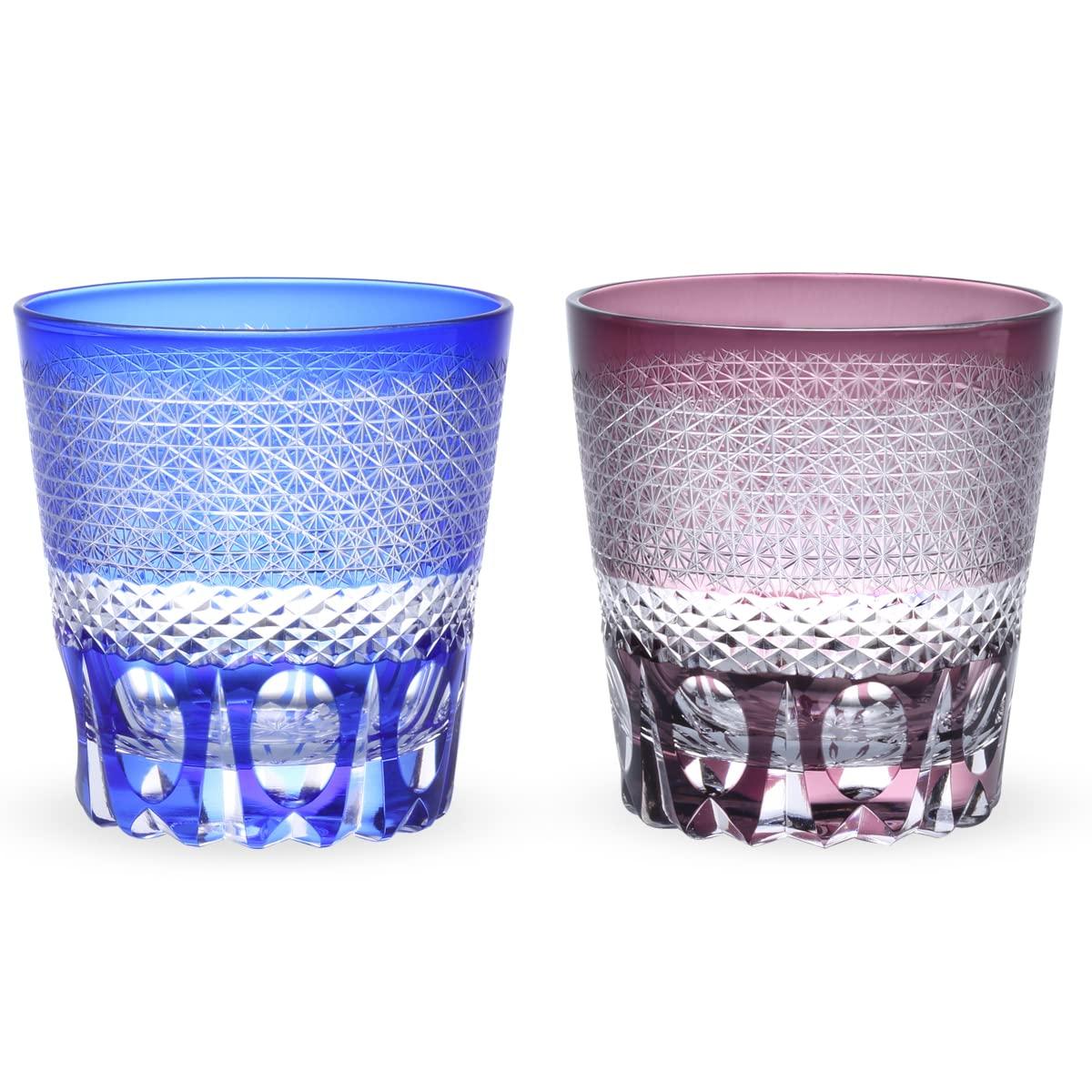 

Retro Kiriko Pair of Glass Sashiko Blue with Bottom Kasho Current Model J-kitchens Cups, 85xH90mm, 260cc, & Purple, Carving,