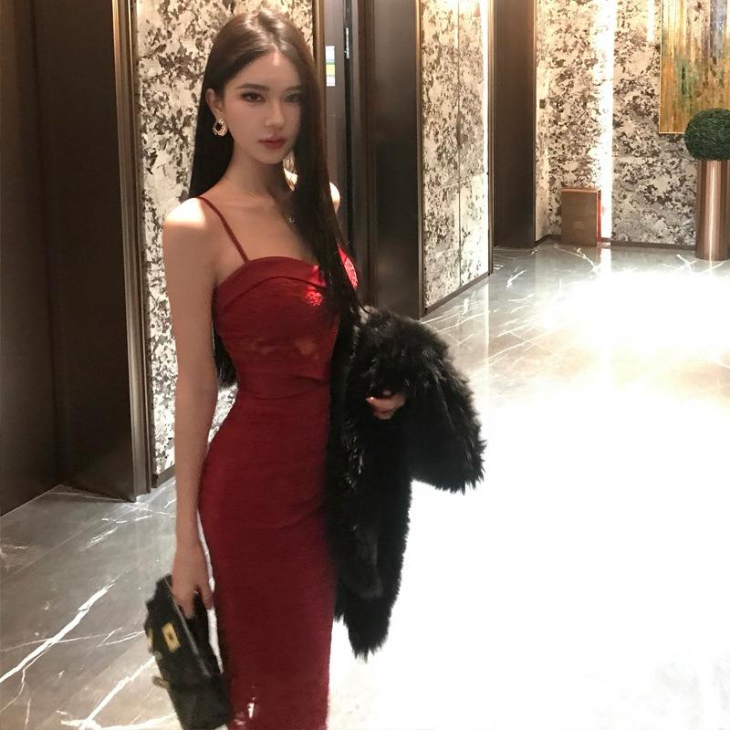 French Lace Sexy Red Dress Women's Autumn and Winter Sleeveless Slim-fit Hip-wrapped Short Skirt Suspender Dress