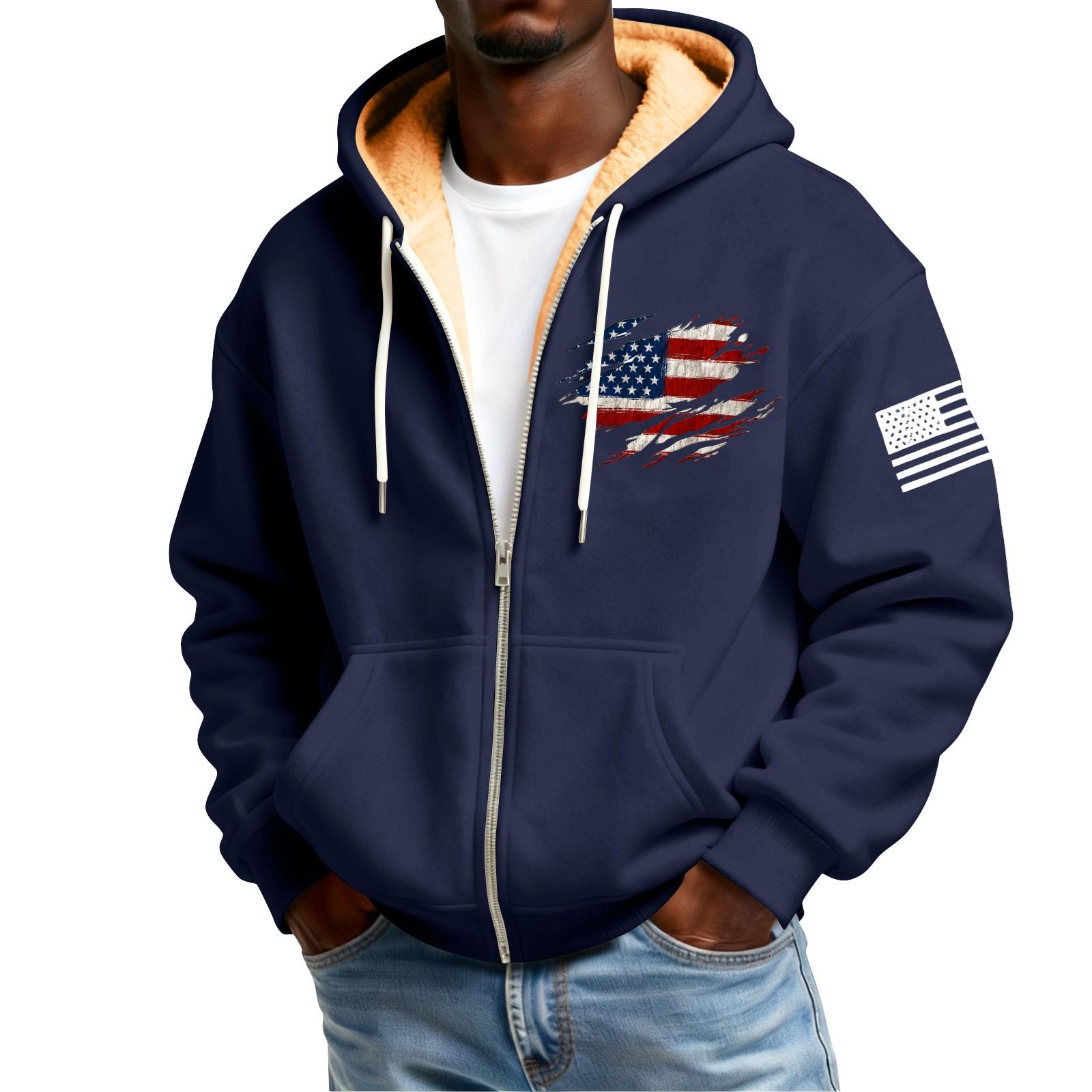 

Мужской флисовый кардиган с капюшоном на молнии и карманами с принтом флага, мужской повседневный кардиган M