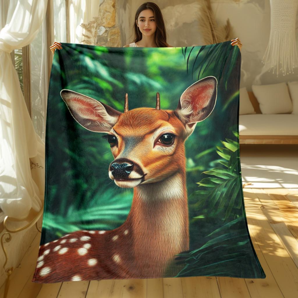 Deer in jungle plush blanket realistic animal print nature theme soft flannel for bedroom or living room