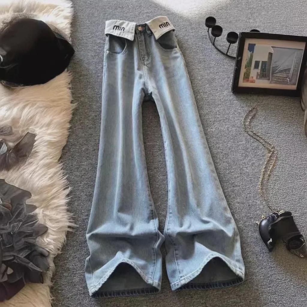 Dámské letní džíny s vysokým pasem a širokými nohavicemi - Světle modré, délka ke kotníkům, ohrnutý design