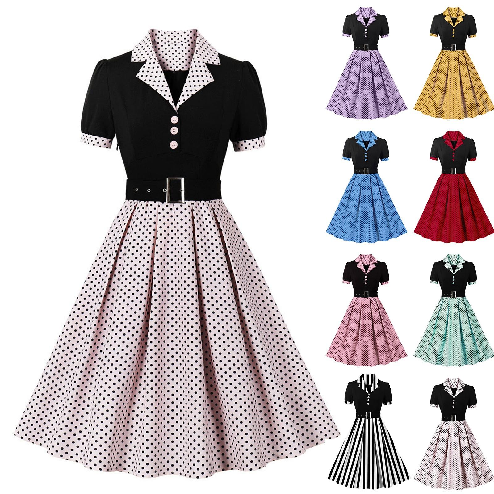 

Women s Vintage Polka Dot Lapel Short-sleeved Belt Dress L чорний