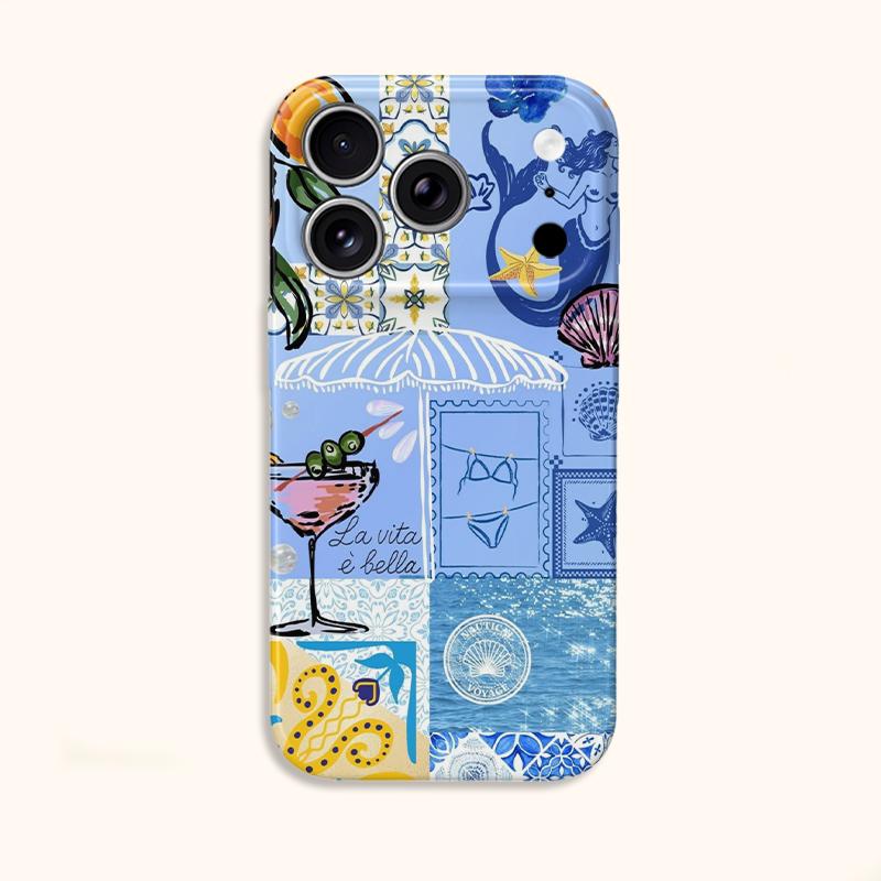 Playful Mediterranean Summer Coastal Collage Graphic Art Film Aesthetic Protective Shockproof Bumper Phone Case Cover For iPhone 14 15 16 Pro Max Plus