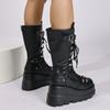 Women Fashion Boots Round Toe Platform Sole Wedge Heel Rivet Lace Mid-tube Boots Punk Large Size European American Knight Boots
