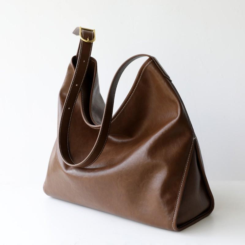 Large Capacity Vintage Leather Shoulder Bag Women Soft Genuine Cowhide Tote With Zip Interior Pockets