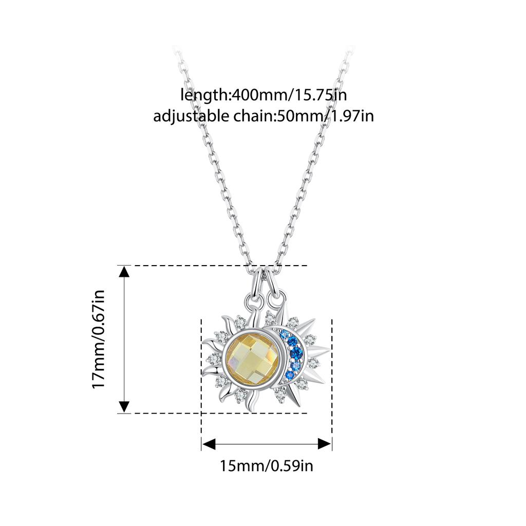 WOSTU 925 Sterling Zilver Maan Zon Hanger Ketting Dames Blauwe CZ Gele Kristal Bedel Kettingen Valentijnsdag Moederdag Cadeaus