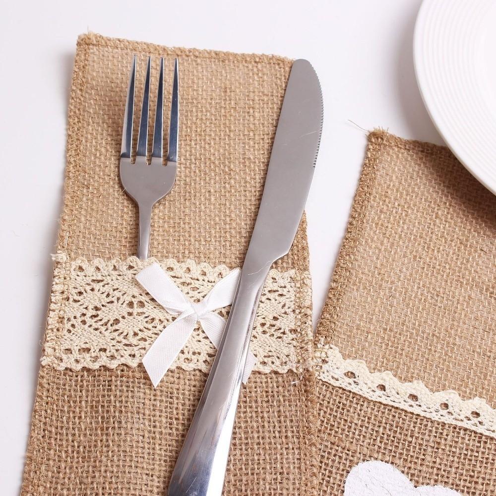 Practical Rustic Style Linen Lace Cutlery Bag Lace Decorative Utensil Cutlery Holders Burlap Fork Bag Wedding Decor
