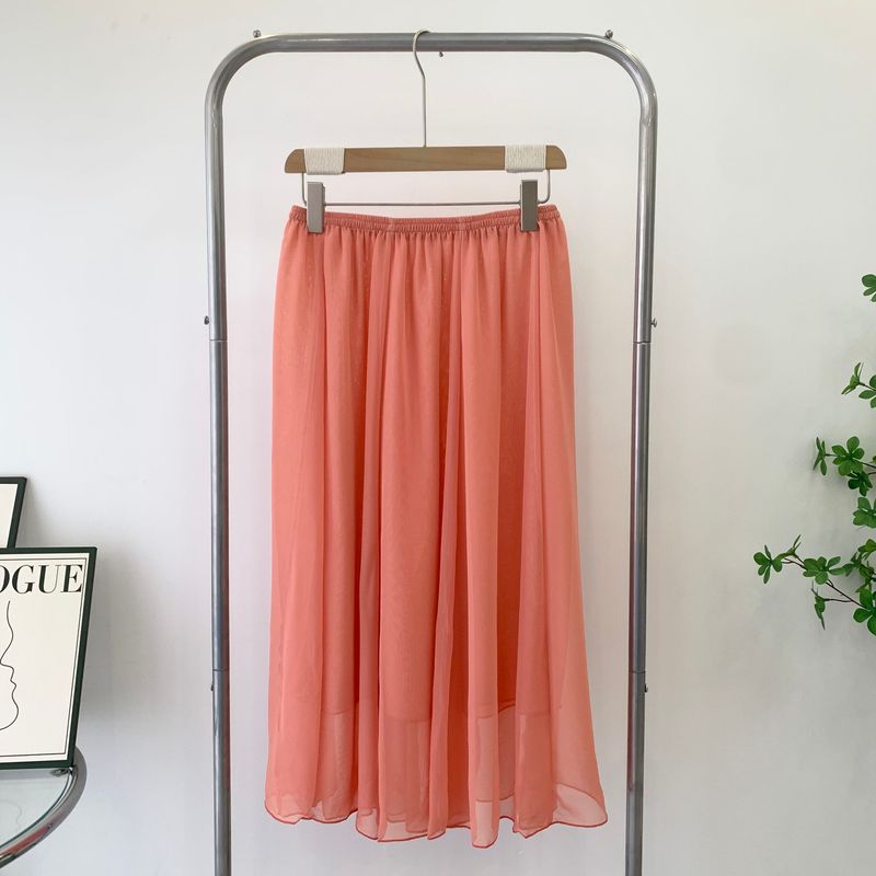

Chiffon Dress Orange Pink Elastic Waist plus Size Skirt Summer New Arrival Double-Layer Opaque Special Offer Large Skirt Orange pink Free size, waist 66-110,