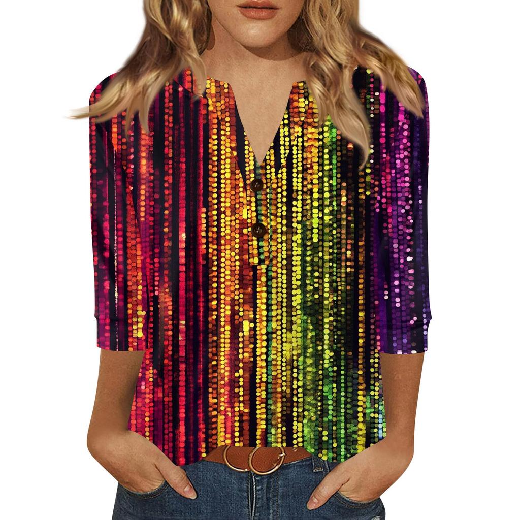 Women's Carnival Printed Fashionable Casual V-neck Button Seven Inch Sleeve T-shirt Top