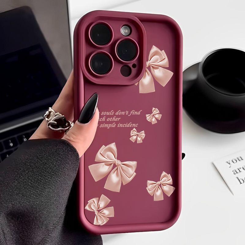Pink Bowknot Pattern TPU Soft Matte Phone Case For iPhone 16 Pro Max 15 Pro 14 13 12 11 XR XS Shockproof Lens Protection Bumper Cover
