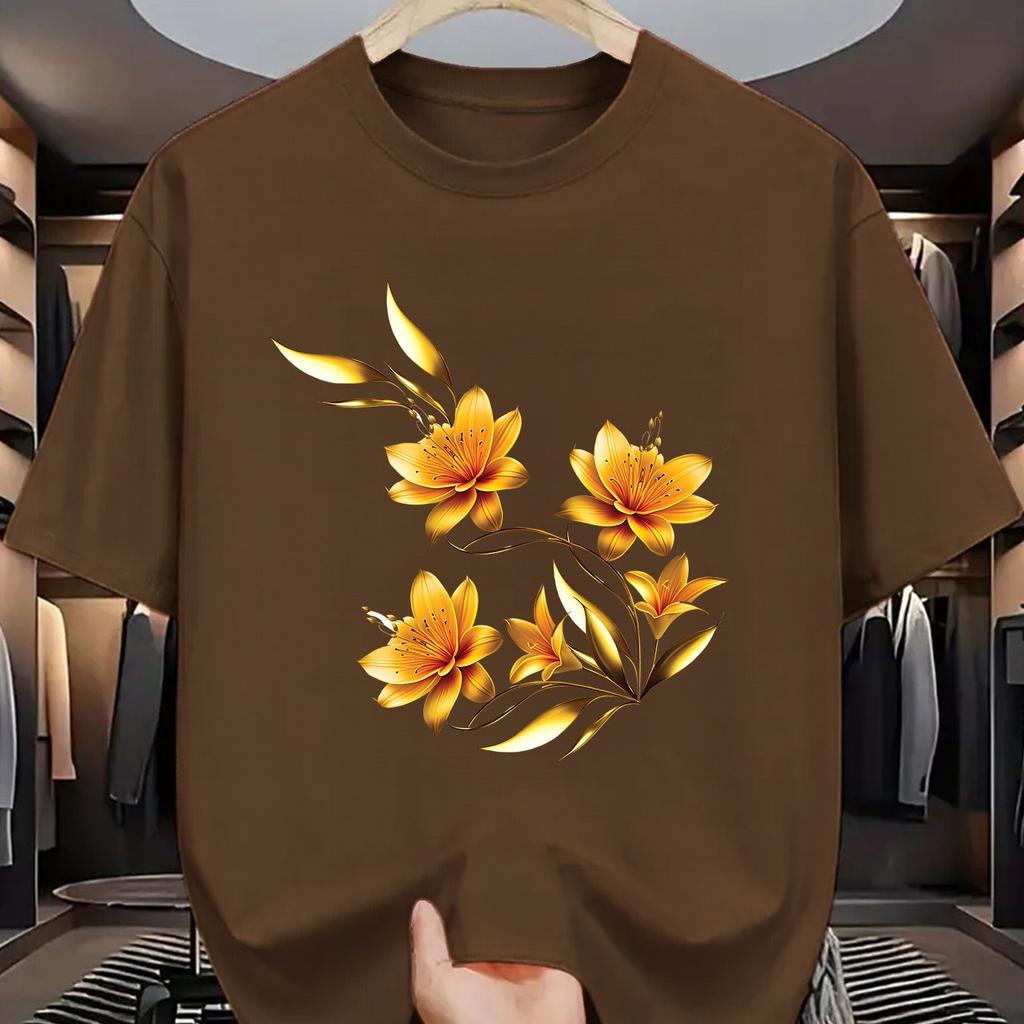 Golden Floral Print Mens Cotton Graphic Tee Casual Short Sleeve TShirt Breathable Summer Fashion