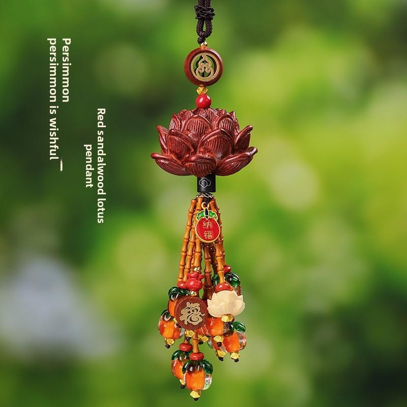 Traditional Car Pendant With Yellow Boxwood Lotus Charm For Interior Decor
