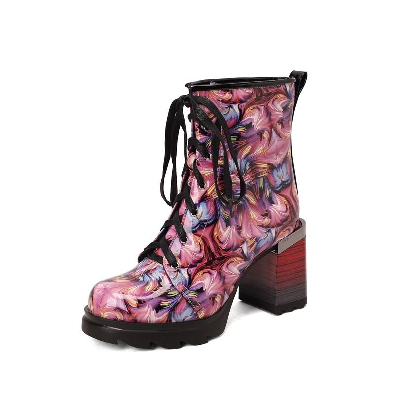 Fashion Printing Women's Ankle Boots  Autumn Winter New Thick High Heels Platform Round Toe Party Shoes Green Yellow Size 44