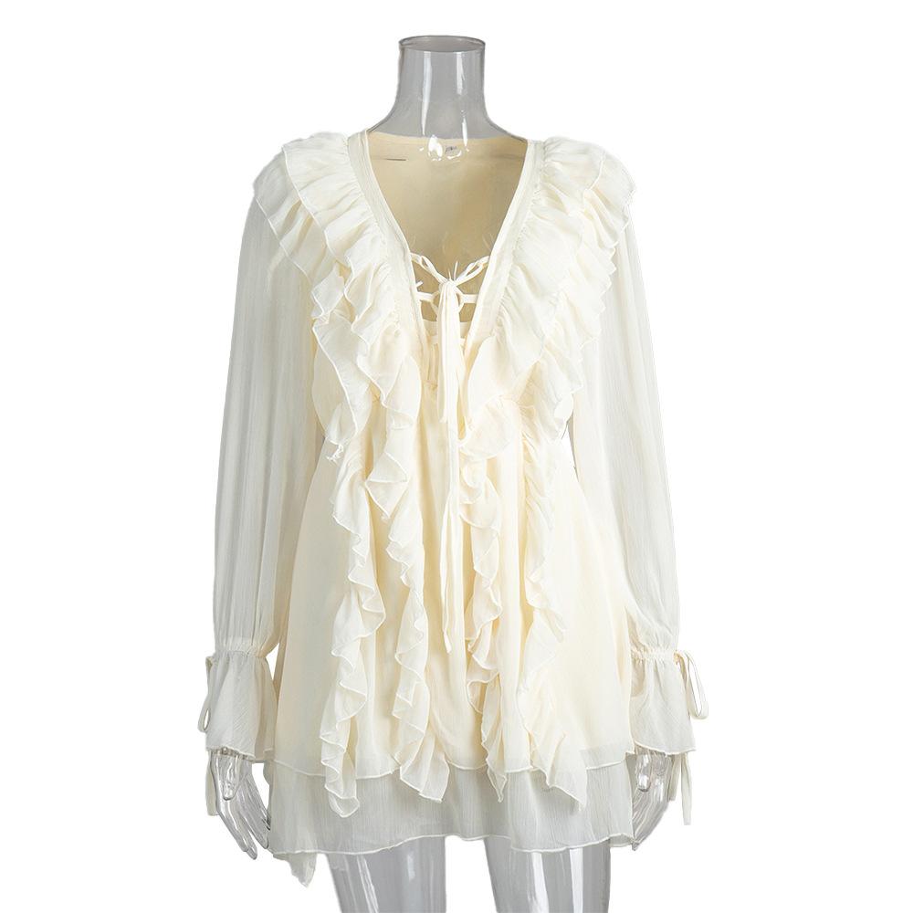 Chiffon Long-sleeved Dress European and American Spring New Lantern Sleeve Lace-up Short Skirt Ruffle Leaf Edge Dress