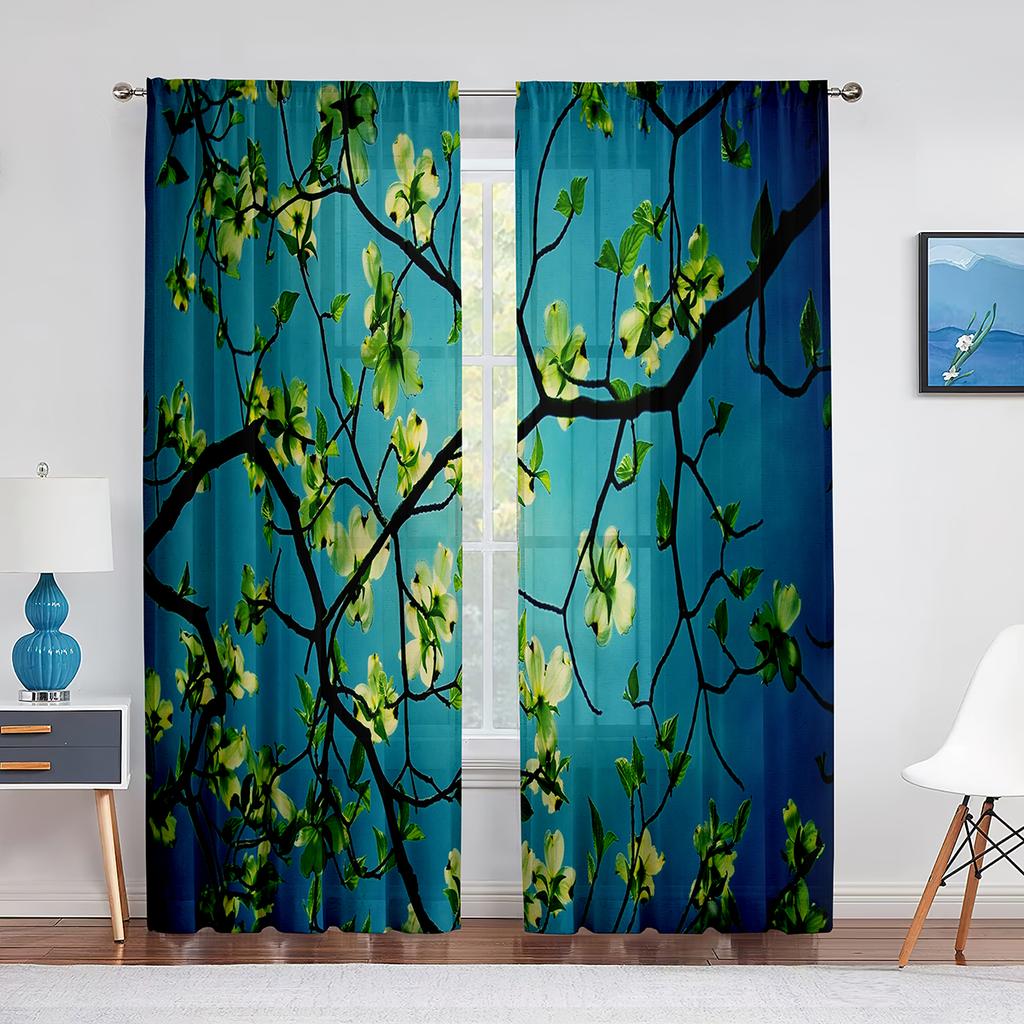 Blommande Träd Körsbärsblom Lila Gul Vita Blommor Skir Voilegardin för Vardagsrum Sovrum Inredning Tyllgardiner Draperier