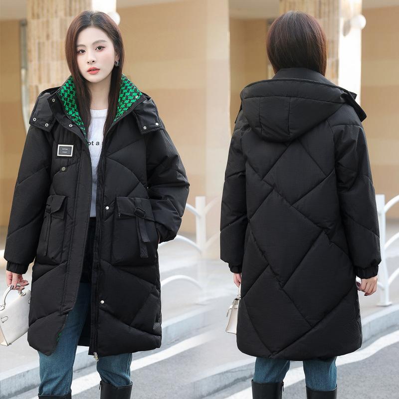 2025 New Cotton Jacket Women's Mid-length Over-the-knee Padded Jacket Loose Thickened and Warm Diamond-shaped Plaid Hooded Autumn and Winter Jacket