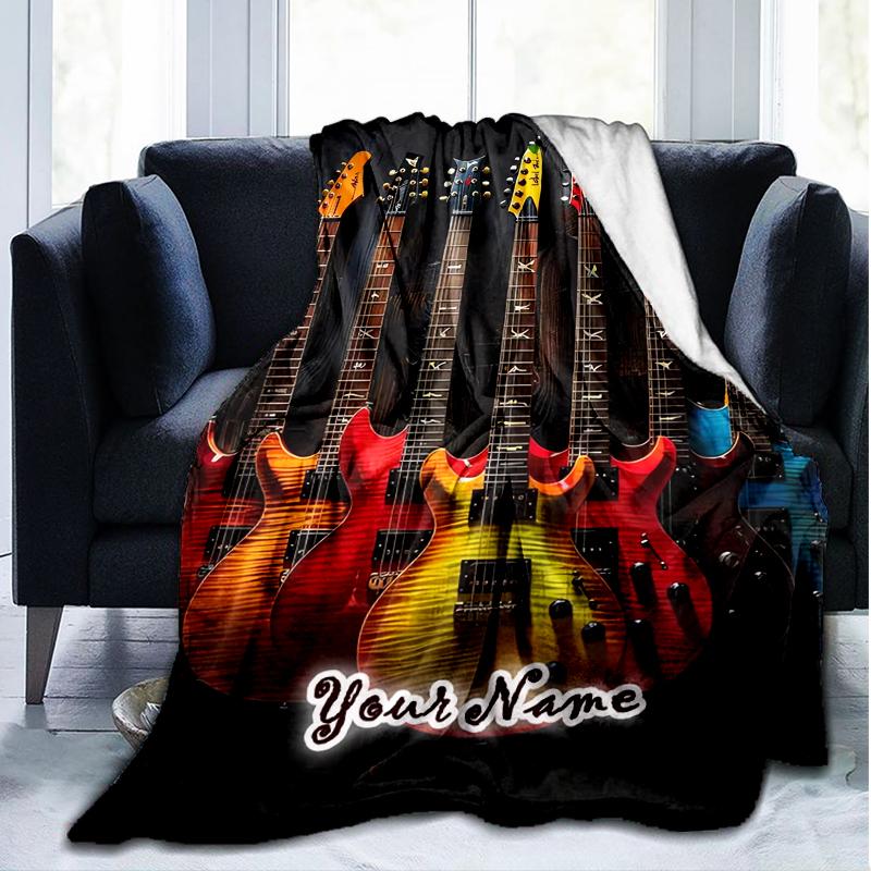 1PC Custom Name Electric Guitar Collection outdooor Flannel blankets Patterns Throw Blanket All-Season Soft Gift for Couch, Bed, Camping gifts