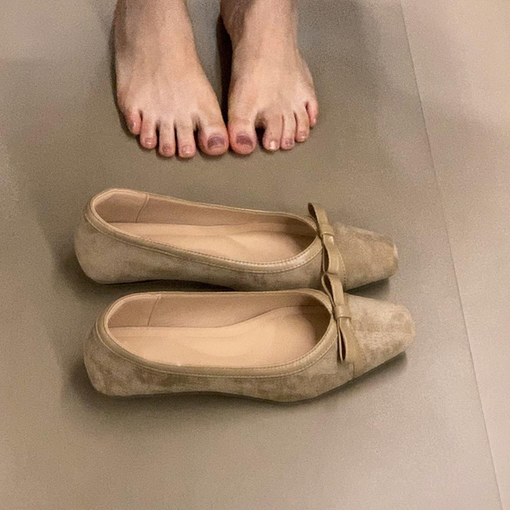 Square head bow low heel single shoes women's one-pedal light mouth ladyshoes commuter shoes with skirt ladyshoes