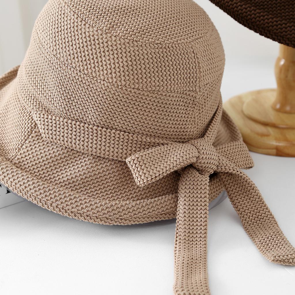 Bucket Hat Women Autumn Winter Vintage Breathable With Bowknot Knitted Fisherman Cap Female Sunscreen Bob