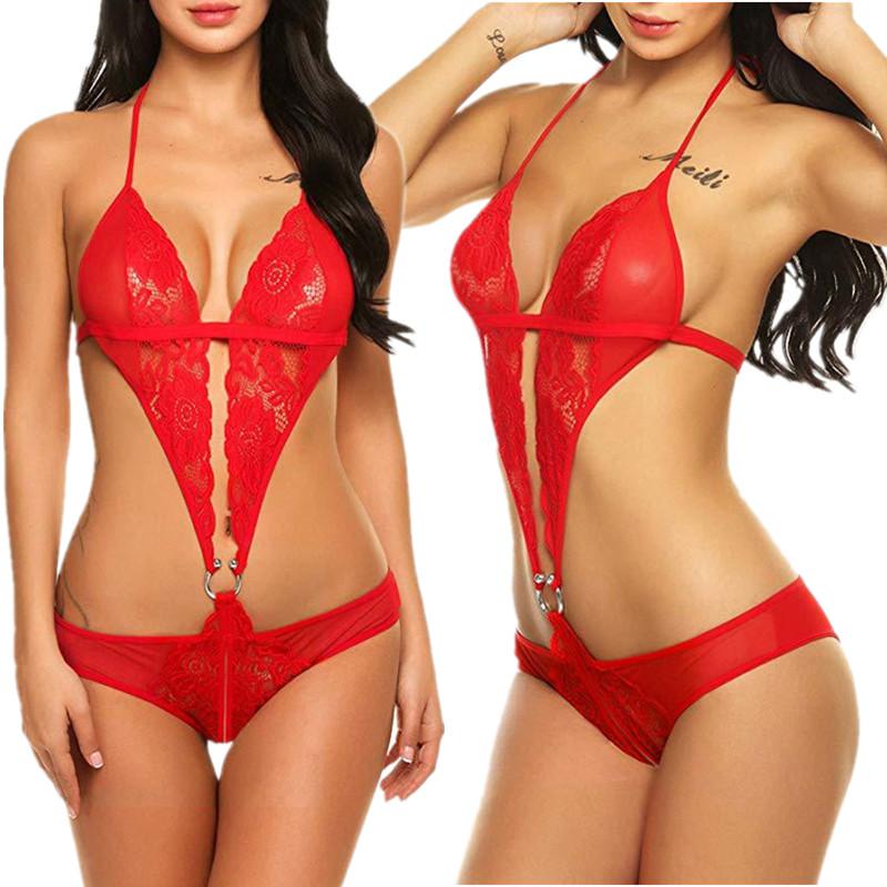 Damen-Dessous mit tiefem V-Ausschnitt, Teddy-Einteiler, Babydoll-Mini-Body