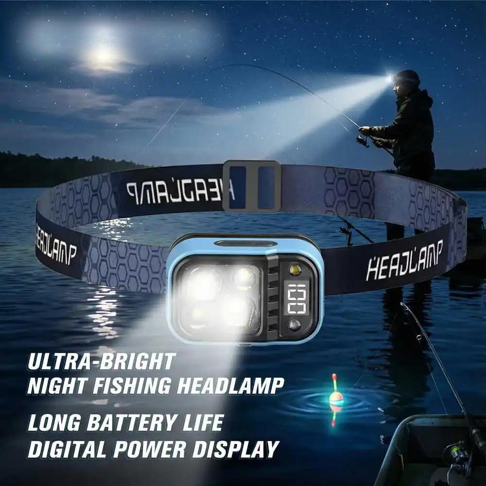 LED Rechargeable Fishing Headlamp with Sensors and Battery Indicator Super Bright Camping Light Using XPG+COB Lamp Beads