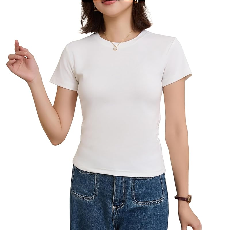 

[AIMUJINY] t-shirt ladies short sleeve tee shirt white tops layered clothing Relaxing Mix and match Plain color Prevention of see-through body shape