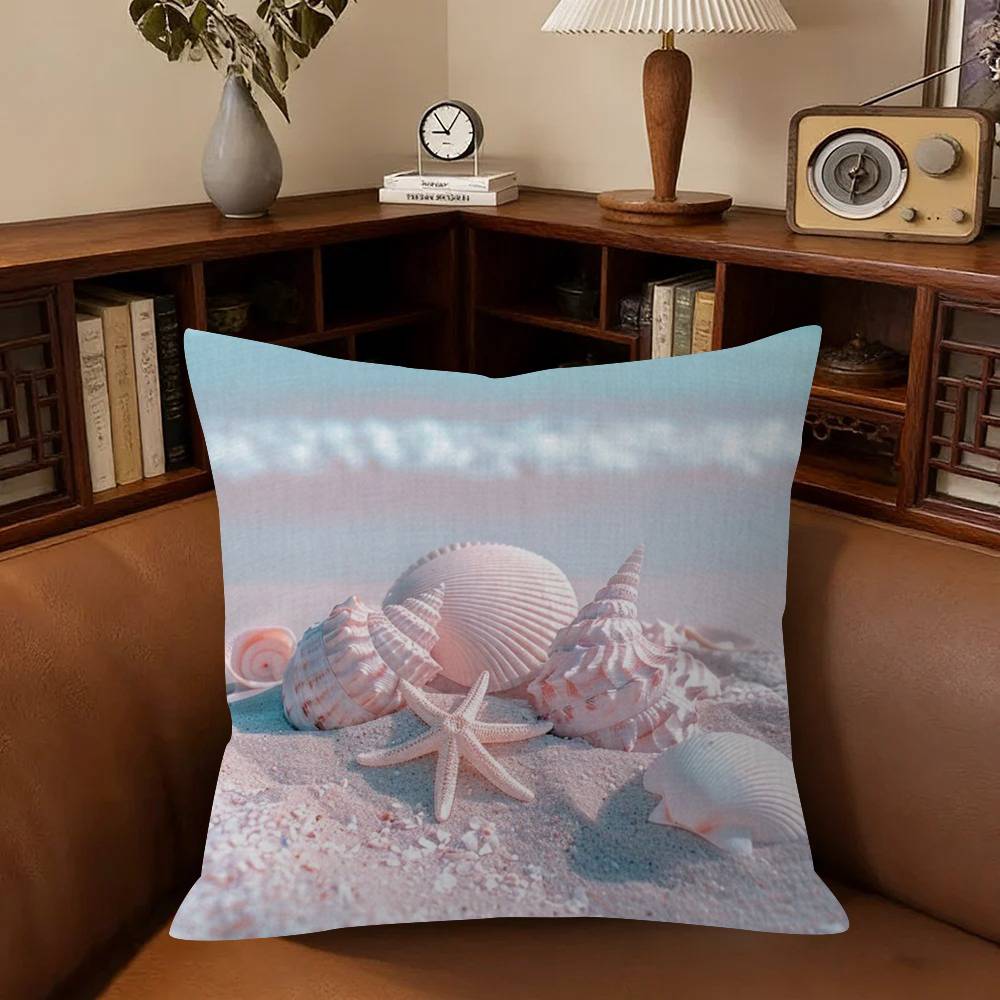 Serene Seaside Scenes Pillow Covers Cartoon Sofa Decorative Home Double-sided Printing Short Plush Cute Cushion Cover
