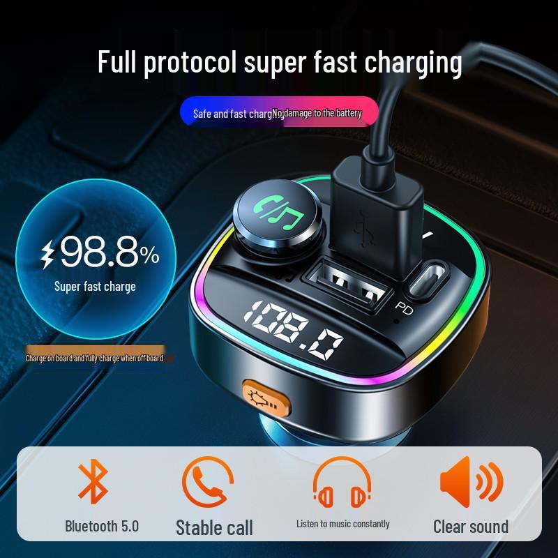 C22 Dual Display Car MP3 Bluetooth Player with Voltage Detection, USB Fast Charger, and FM Transmitter