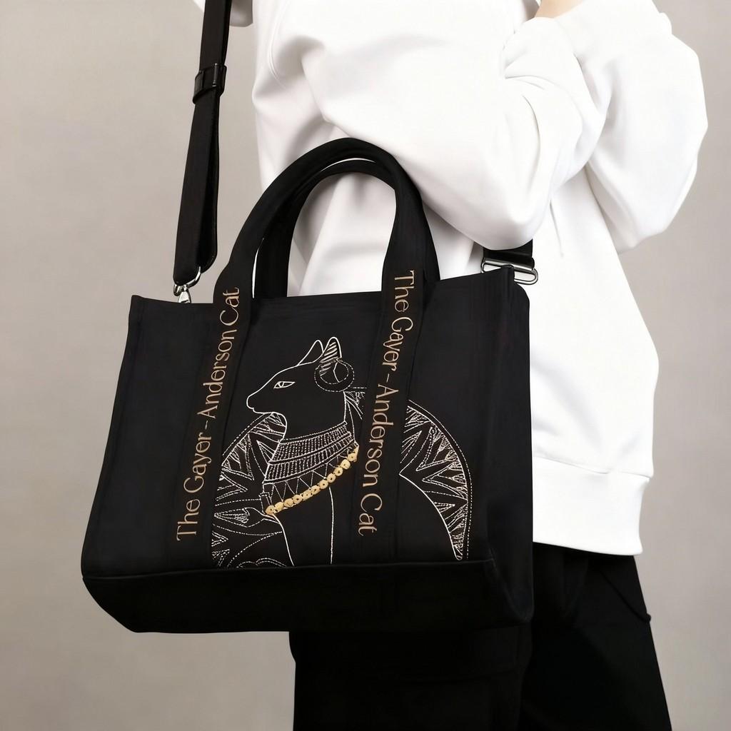 Borsa Tote in Tela Ricamata con Gatto Anderson con Cerniera per Uso Quotidiano