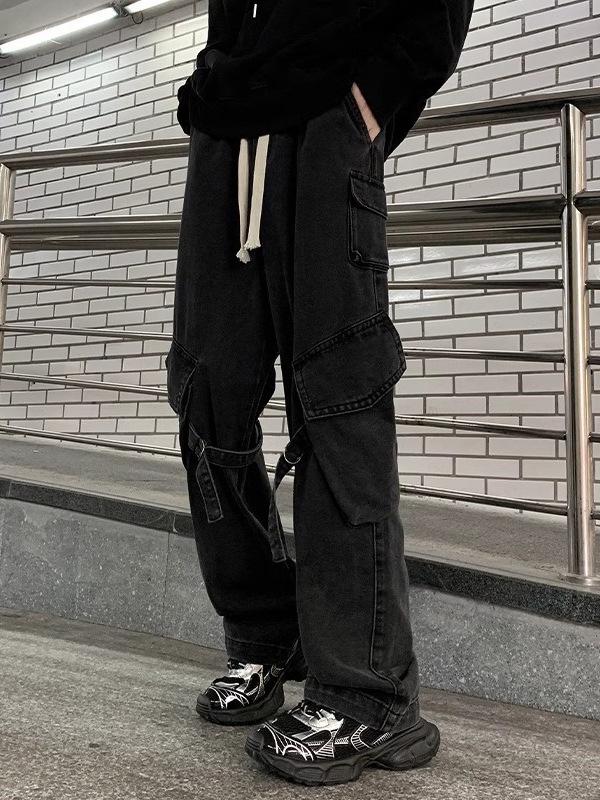 Men's Multi-Pocket Cargo Jeans - Loose Fit, Wide Leg, Spring/Autumn/Winter Casual Trend Pants