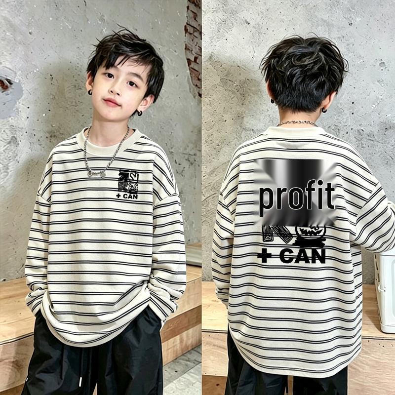 Korean Boys' Cotton Striped Long Sleeve T-shirt - Casual Loose Fit for Spring & Autumn