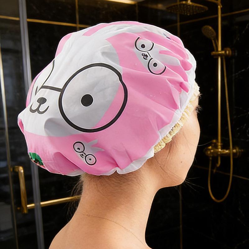 Cartoon Pattern Shower Cap Soft Lace Elastic Edged Waterproof Reusable for Bath SPA Sauna Women Girls Daily Use